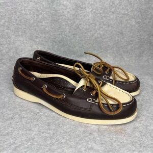 Lauren Ralph Lauren Two Tone Brown Cream Leather Boat Shoes Womens Size 9 Preppy